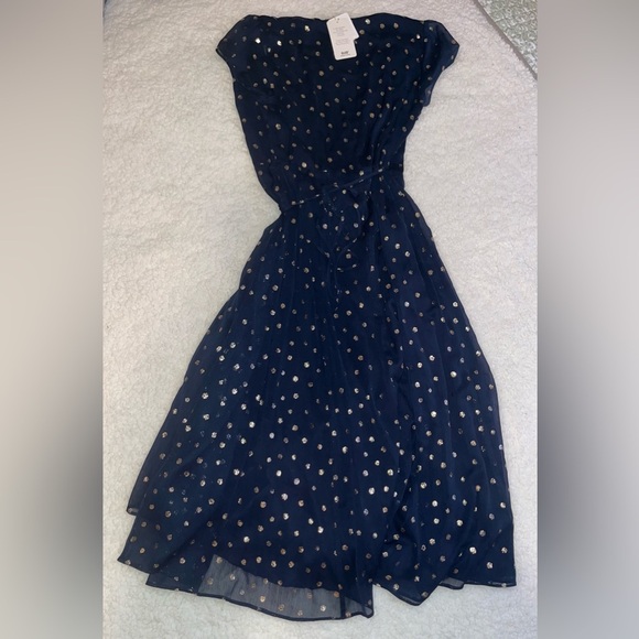 NWT ~ SUD Express ~ Wrap Dress Navy Blue with Gold Polka Dots Women's Small - Picture 2 of 5